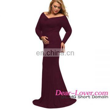 Big Girls Evening Party Sexy Wine Off Shoulder V Neck Long Sleeve Plus Size Gown