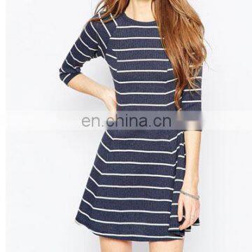 Classic Round neck woman rib stripe dress with 3/4 sleeves