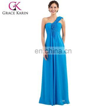 Grace Karin Hot Sale One Shoulder Flower Chiffon Long Blue Bridesmaid Dresses CL3402-4#