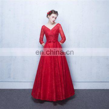 High Quality V Neck Bow Red A Line Elegant Beaded Peplum Lace-up Backless Lace Evening Dress