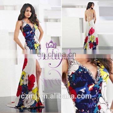 new fashion printed fabric sexy beaded keyhold long evening dress