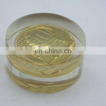 crystal acrylic paper weight with coin