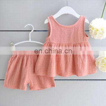 Fashion girls short  pant set linen cotton 2pcs outfit bulk kids clothing