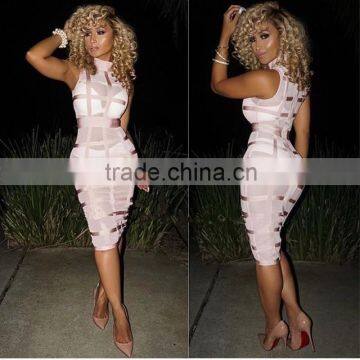 wholesale 2015 new pink khaki mesh sleeveless high neck cute sey women celebrity party prom bodycon knee-length bandage Dress