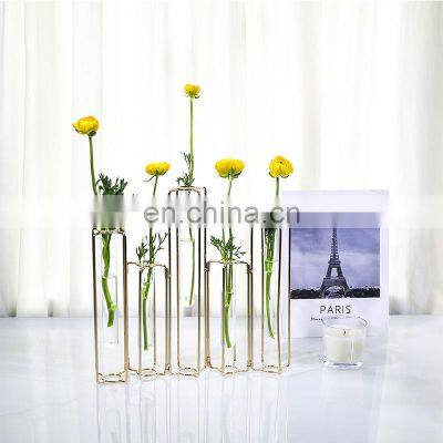 Home Glass Gold Table Plant Pot Stand Decoration Handmade Five Tubes Metal Flower Pots