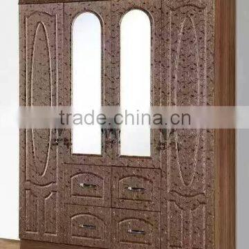 wardrobe 4 doors beech silver color with middle double mirror pvc wardrobe