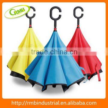 Windproof double layer reverse umbrella with C shape handle/creative umbrella