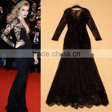 2015 Newest Designer Celebrity Long Sleeves See-through Bodycon Maxi Long Black Lace Sexy Evening Dress For Women