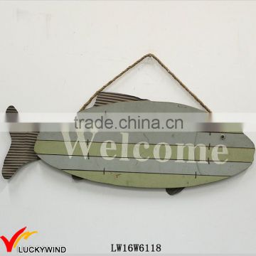 Fish "Welcome" Vintage Hanging Antique Painted Wood Sign