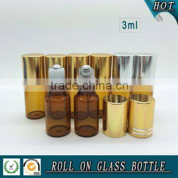 3ML Amber Perfume Glass Roll on Bottle With Gold Cap and Stainless Steel Roller Ball