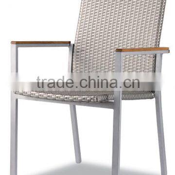 garden chair in white flat wicker with teak wood armrest for garden use and for hotel as well