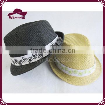 Women's Classic Paper Straw Fedora with Embroidered Flower Band