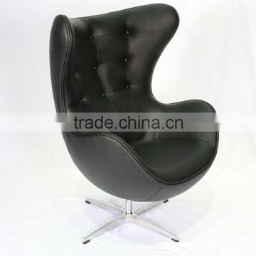 Button Tufted Black Leather Egg Shaped Swivel Chair