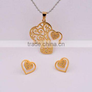 2014 stainless steel gold heart rhinestone jewelry set