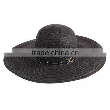 Ladies fashion wide brim paper straw sun beach black floppy hats