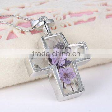 2016 Hot Sale Silver Cross Real Dried Flower Necklace Crystal photo-2