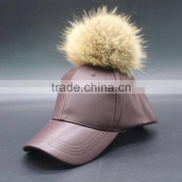 PU Leather Baseball Cap With Fake Foxfeather Pom Pom photo-4