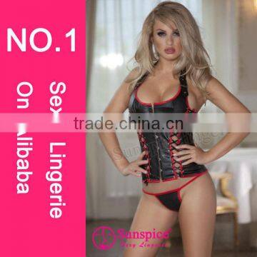 2015 new style top quality pleather mesh lingerie costume sexy busty corset bustier