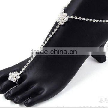 High end cup chain anklet with toe ring flower crystal cup chain anklets whites strass crystal footwear jewelry