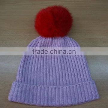 Rabbit fur pom pom decorated baby fancy beanie hats