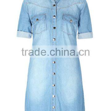 EY1932B Hot Selling Classical Shirt Dress Apparel Fashion Rolled Sleeves Denim Dress photo-2