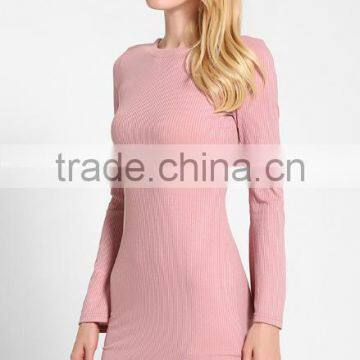 Hot Selling 100 Cotton Pink Skin Tight Knitted Vent Hem Sweater Dress With Wide Sleeves photo-2