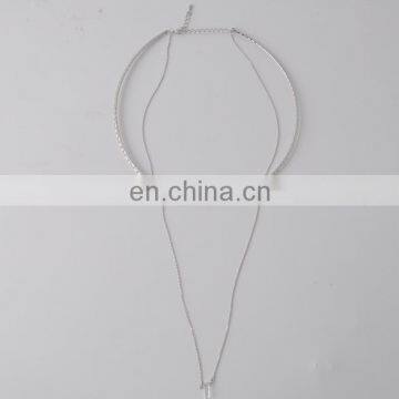 Brass Cuff Necklace Silver Plated Big Choker with Sterling Silver Chain Clear Stone