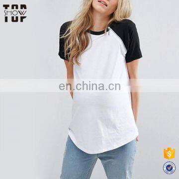 Dongguan clothing pregnant clothes contrast raglan women maternity tshirt with zip