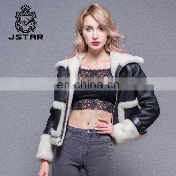 Modern style Double Face Lambskin Lined Leather Motorcycle Fur Jacket for women