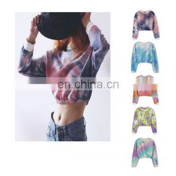 Custom logo long sleeve crew neck tie dye blue and pink crop top for women