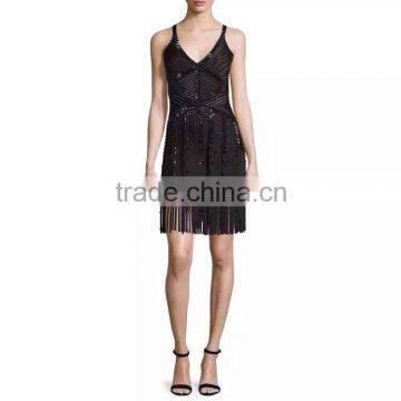 new style deep v neck hand-beading tassels fashion bandage dress