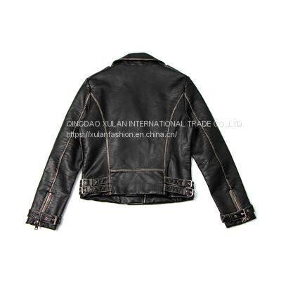 2021 New Women's Female Casual Zipper Leather Motorcycle Jacket With Lapel PU Leather Jacket photo-2