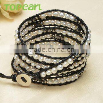Topearl Jewelry Freshwater Pearl Wrap Bracelet Woven Leather Bracelet for Women 33.5 Inches CLL131 photo-2