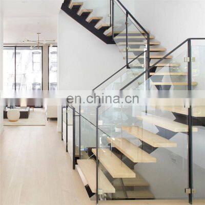 House L shapes staircase with wood tread, single stringer stair