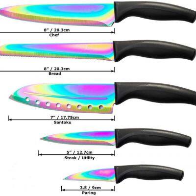 Kitchen Knife Set - 5 Chef Knives - Stainless Steel Blades With Ergonomic Handles & Rainbow Titanium Coating - Santoku, Bread, Chef, Utility and Paring Knife (Black Handle) photo-2