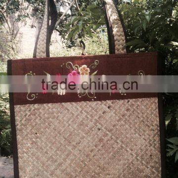 High quality best selling natural sesgrass shopping bag with brown cotton cover around the mouth from vietnam