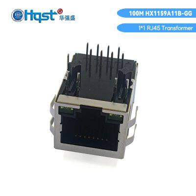 100M RJ45 разъем HX1159A11B-GG с двумя зелеными светодиодами, порт Ethernet для монтажа на печатной плате для маршрутизатора/коммутатора/сетевого оборудования