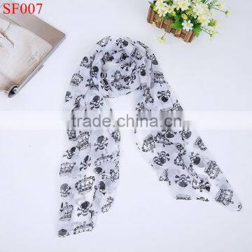 SF007 High quality beautiful lady temperament chiffon silk neck scarf white scarf with skull crown