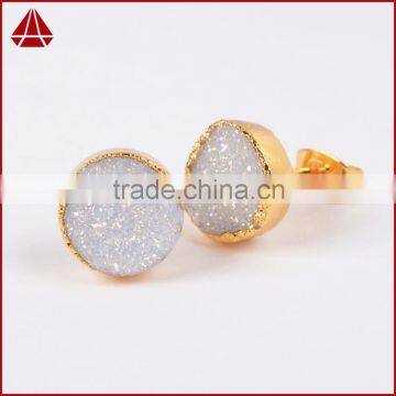 10mm Round Natural Agate Titanium AB Druzy Stone Stud Earrings photo-2