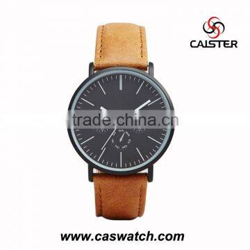 Simple style three eyes leather band quartz watch for men