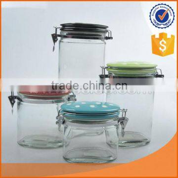 Set of 3 glass storage bottle with decal & colored lid