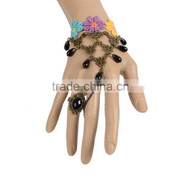 Attractive Design Women Black Lace Bracelet with Colorful Flowers Ellipse Zircon Ring