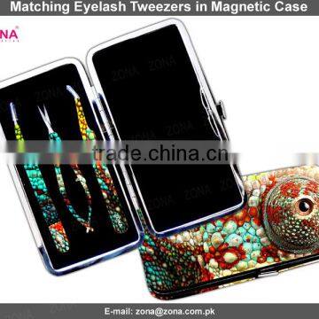 Reptile Matching Eyelash Extension Tweezers In Magnetic Case / Get Customized Designed Lash Tweezers Kits From ZONA PAKISTAN