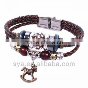 Cockhorse Tungsten Steel Stone Alloy Leather Pendant Bracelet