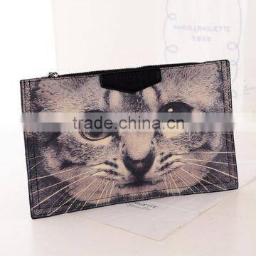 Women Clutch Bag Fashion Cartoon Cat Print Handbag Zipper Envelope Vintage PU Leather Shoulder Diagonal Messenger Bags