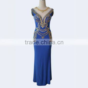 OEM Blue jersey with beaded low back formal evening party dresses