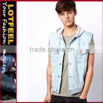 Man light bule denim jacket vest with hoodie (LOTJ267)