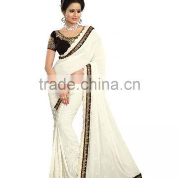 White Georgette Saree with Black Valvet Blouse