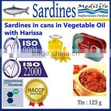 Sardines in cans in Vegetable Oil with Harissa , High Quality Canned Sardines, Sardines in cans with Harissa 125g