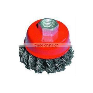 red-painted twisted knot wire cup brush with bridle ring